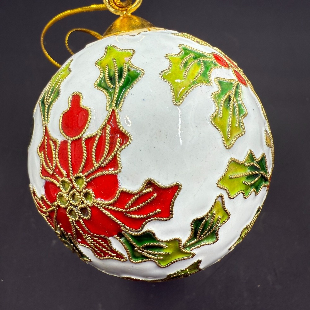 ENAMEL CLOISONNE CHRISTMAS ORNAMENT FILIGREE GOLD POINSETTIA WHITE RED GREEN